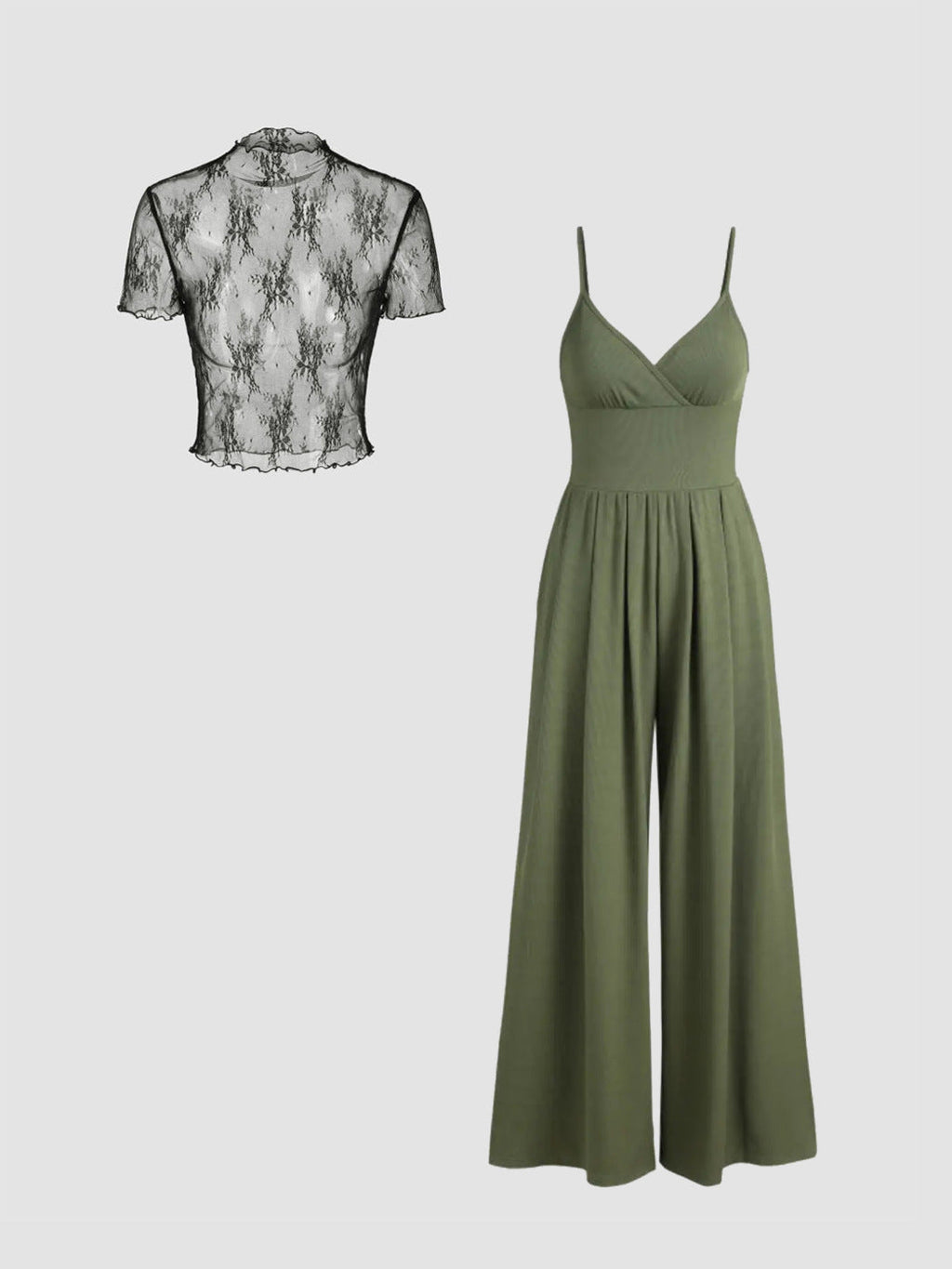 Women's Elegant V-Neck Jumpsuit with Sheer Blouse