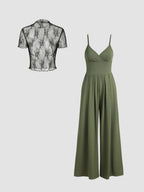 Women's Elegant V-Neck Jumpsuit with Sheer Blouse