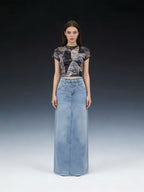 Women's High-Waisted Denim Maxi Skirt with Frayed Hem