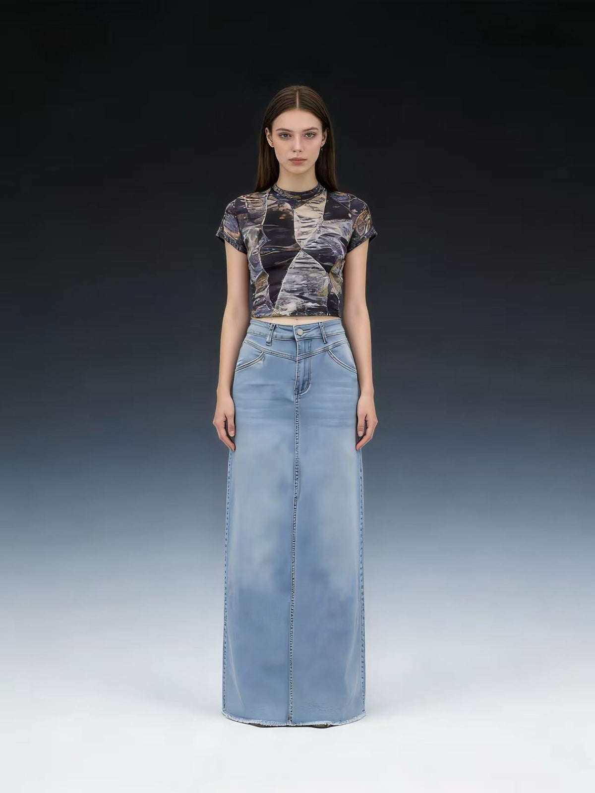 Women's High-Waisted Denim Maxi Skirt with Frayed Hem