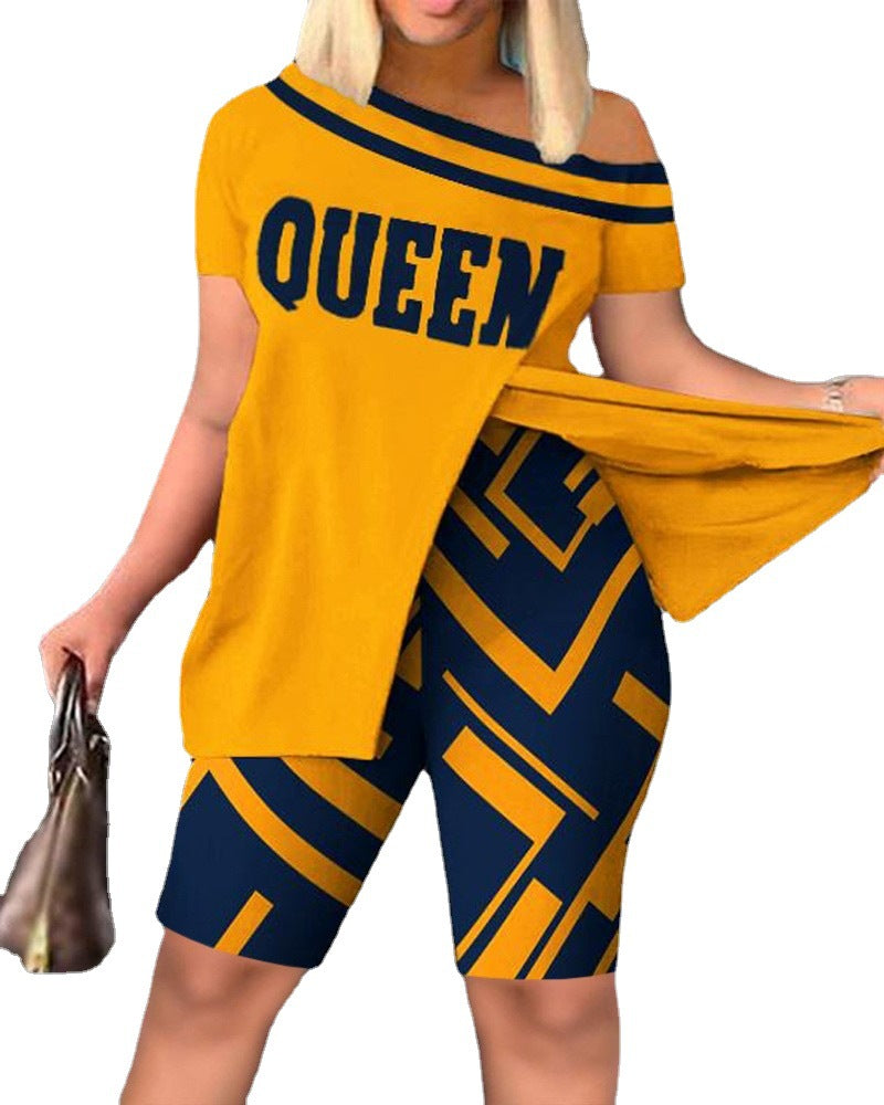 Women's Casual Asymmetrical Top and Biker Shorts Set