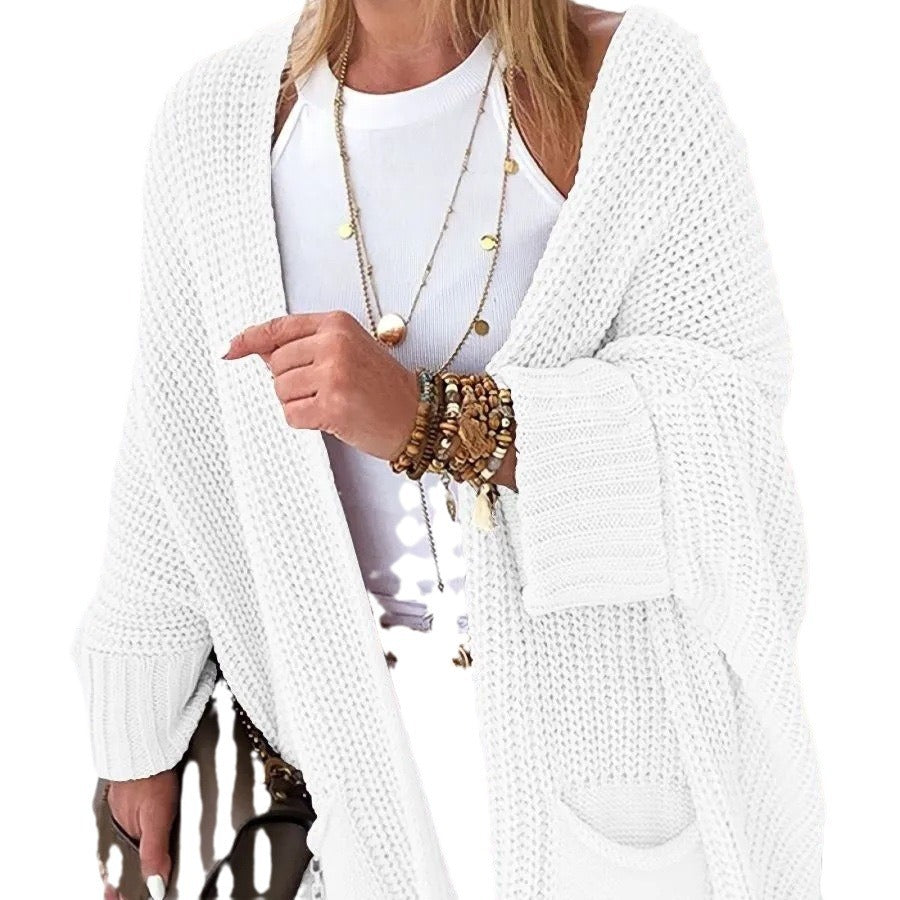 Women's Oversized Chunky Knit Cardigan with Wide Shawl Collar and Patch Pockets
