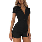 Women's Short Romper with Polo Collar and Button Closure
