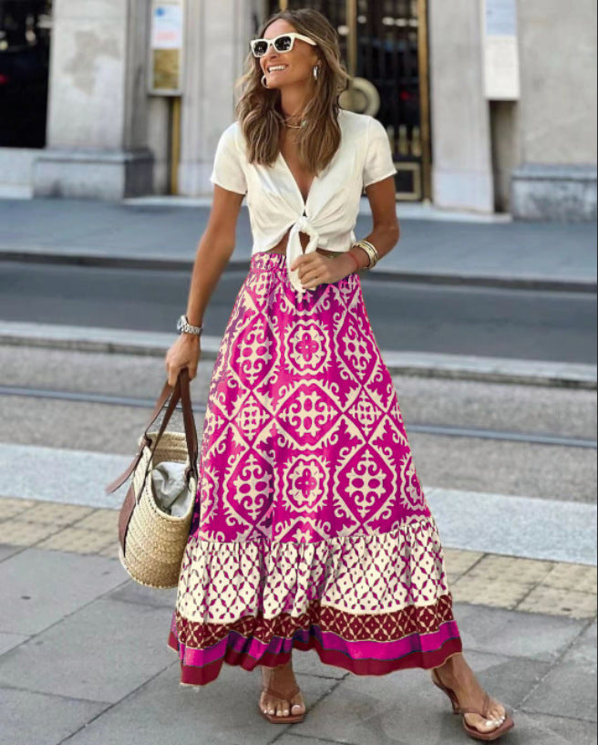 Women's Maxi Skirt in Playful Ethnic Design with Voluminous Hem