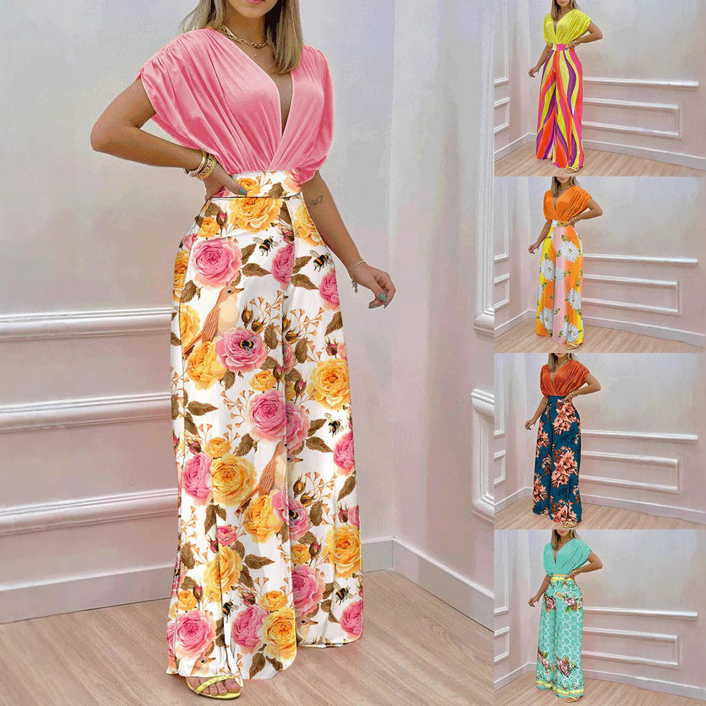Women's Blouse Set with Wide-Leg Pants and Floral Print