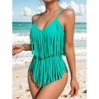 Women's Swimsuit with Fringed Sleeve Design and V-Neck