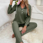 Women's Cozy Knit Set with Hood and Button Placket
