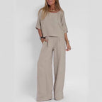 Women's Casual Linen Suit Set with Wide-Leg Pants and Cropped Top