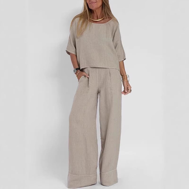 Women's Casual Linen Suit Set with Wide-Leg Pants and Cropped Top