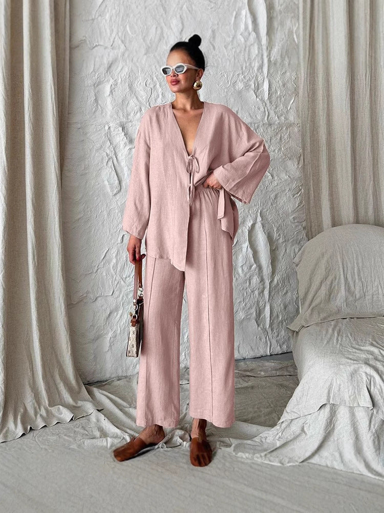 Women's Casual Two-Piece Set with Wide-Cut Top and Comfortable Pants