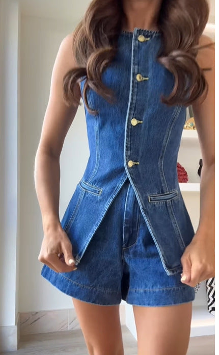 Women's Denim Overall with Chic Cut and Button Details
