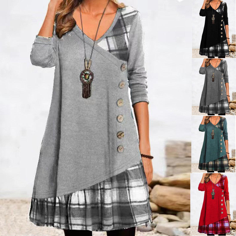 Women's Asymmetrical Casual Dress with Plaid Hem and Button Detail
