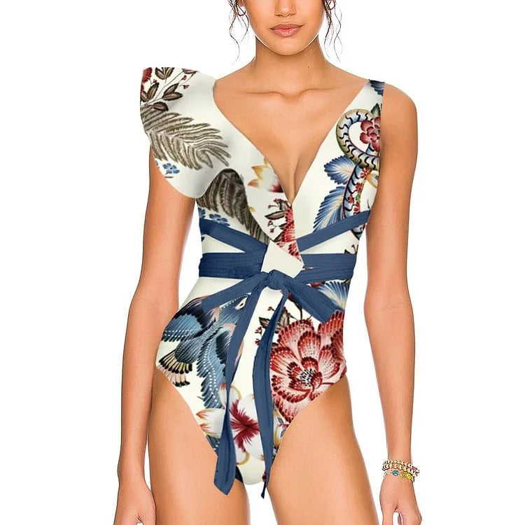 Women's Floral Ruffle Swimsuit Set with High-Waisted Shorts