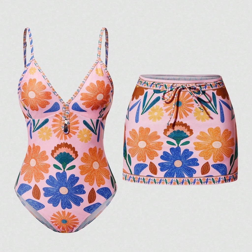 Women's Swimsuit with Floral Design and Removable Skirt