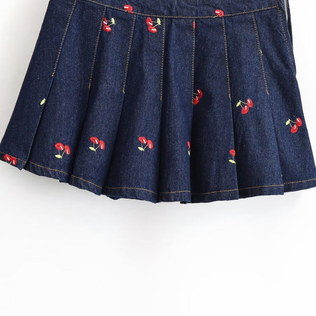 Women's Denim Skirt with Elaborate Embroidery and Pleated Design