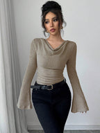 Women's Long-Sleeve Shirt with Ribbed Texture and Wide Sleeves