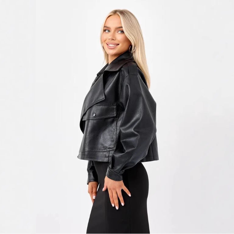 Women's Cropped Faux Leather Biker Jacket