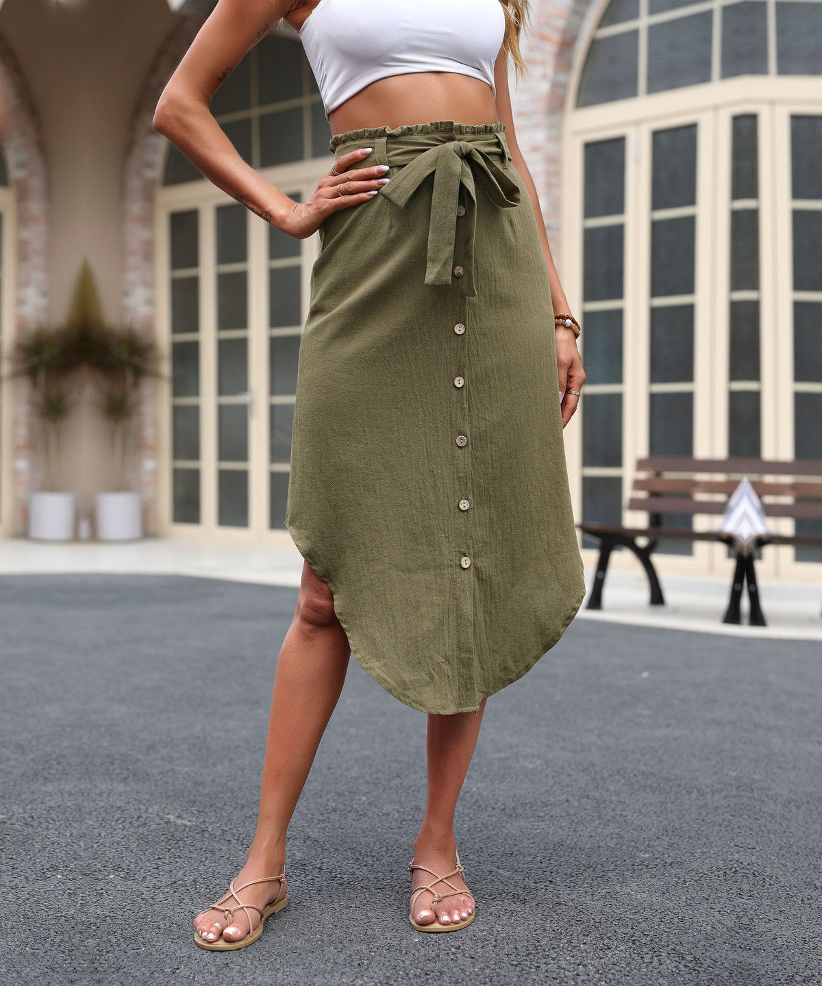 Women's Midi Skirt with Tie Belt and Button Details