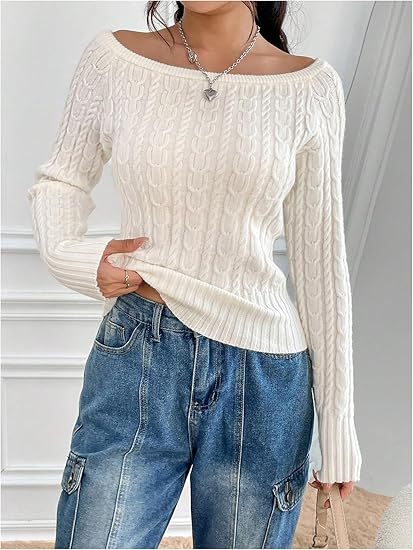 Women's Chunky Knit Sweater with Open Shoulder and Cable Knit Pattern