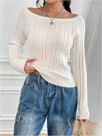 Women's Chunky Knit Sweater with Open Shoulder and Cable Knit Pattern
