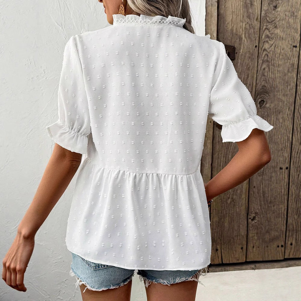 Women's Blouse with Ruffle Details and Polka Dot Design