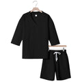 Unisex Casual Lounge Set with V-Neck Top and Drawstring Shorts