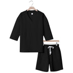 Unisex Casual Lounge Set with V-Neck Top and Drawstring Shorts