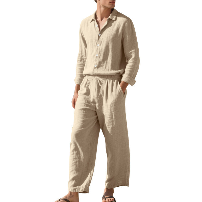 Men's relaxed linen set with open shirt collar and loose drawstring pants