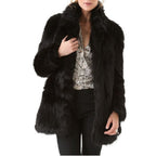 Women's Elegant Faux Fur Coat with Voluminous Collar and Practical Pockets