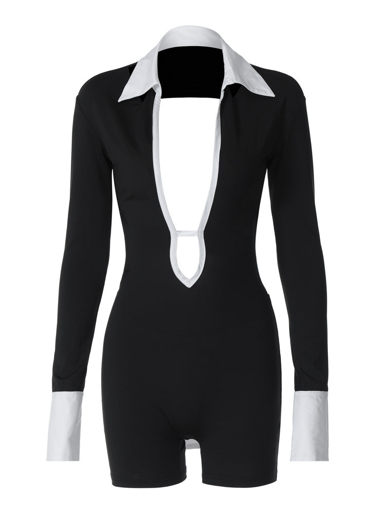 Elegant Deep Neckline Jumpsuit with Contrasting Sleeves