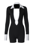 Elegant Deep Neckline Jumpsuit with Contrasting Sleeves