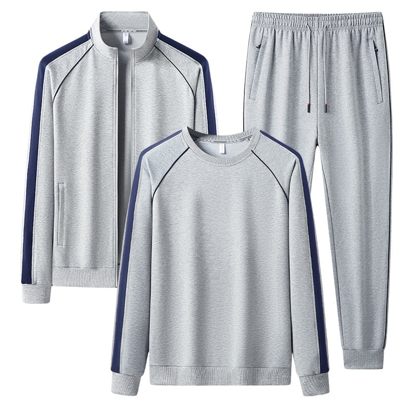 Men's two-piece training set with stand-up collar zip jacket, round neck sweatshirt, and tapered jogging pants