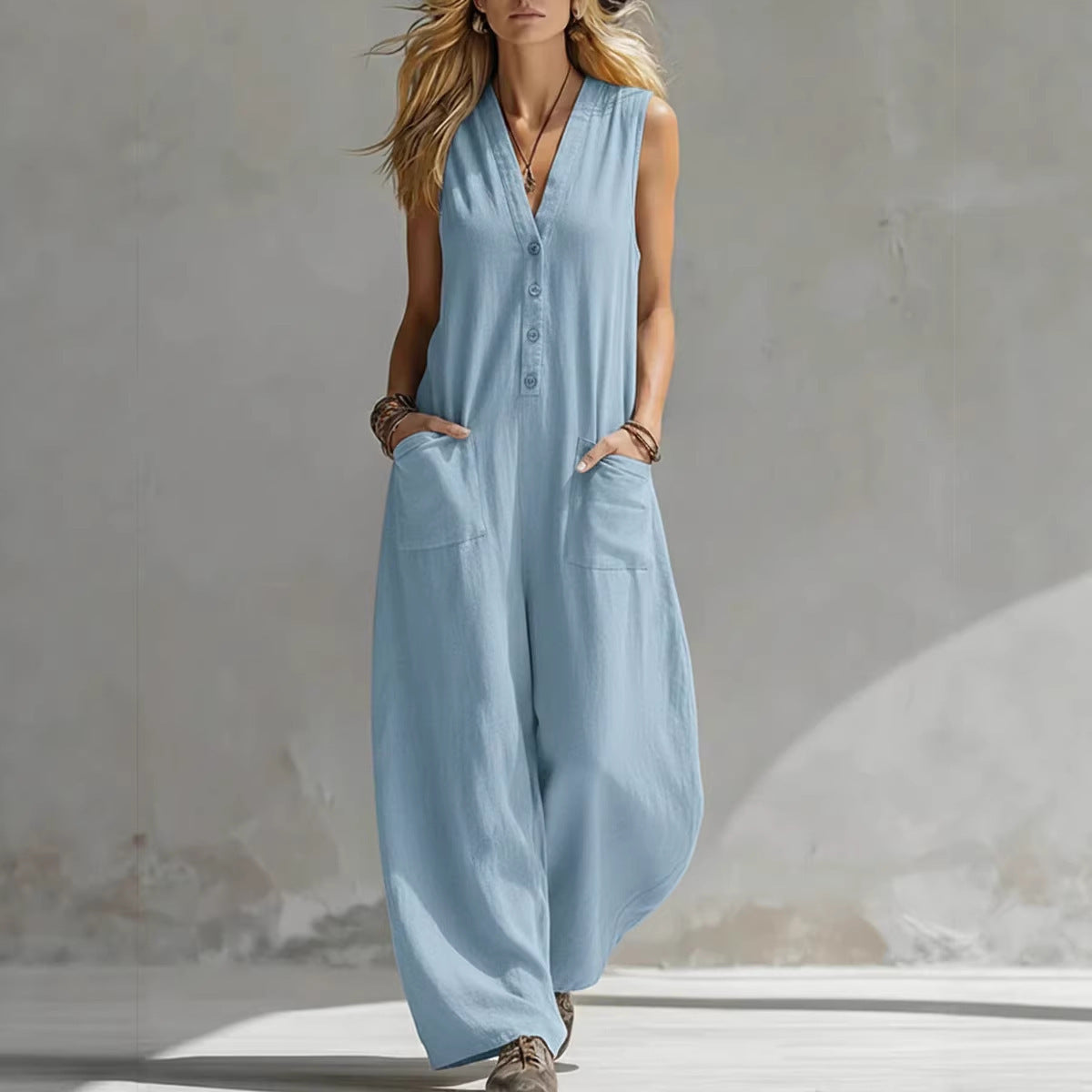 Women's Jumpsuit with Deep V-Neck and Pockets