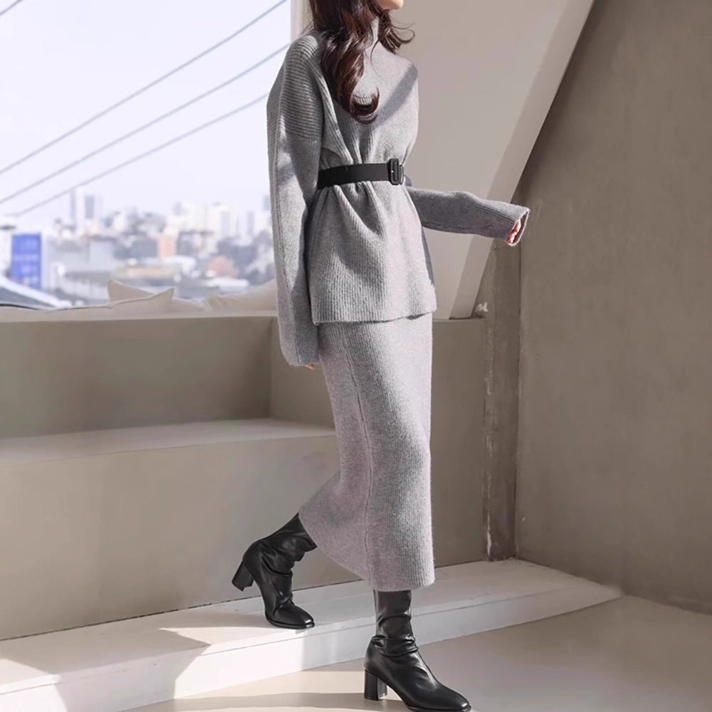 Elegant Knit Outfit with Waist Belt