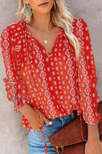 Women's Blouse with Floral Pattern and Loose Sleeves