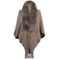 Women's Luxurious Knit Poncho with Faux Fur Collar and Fringe