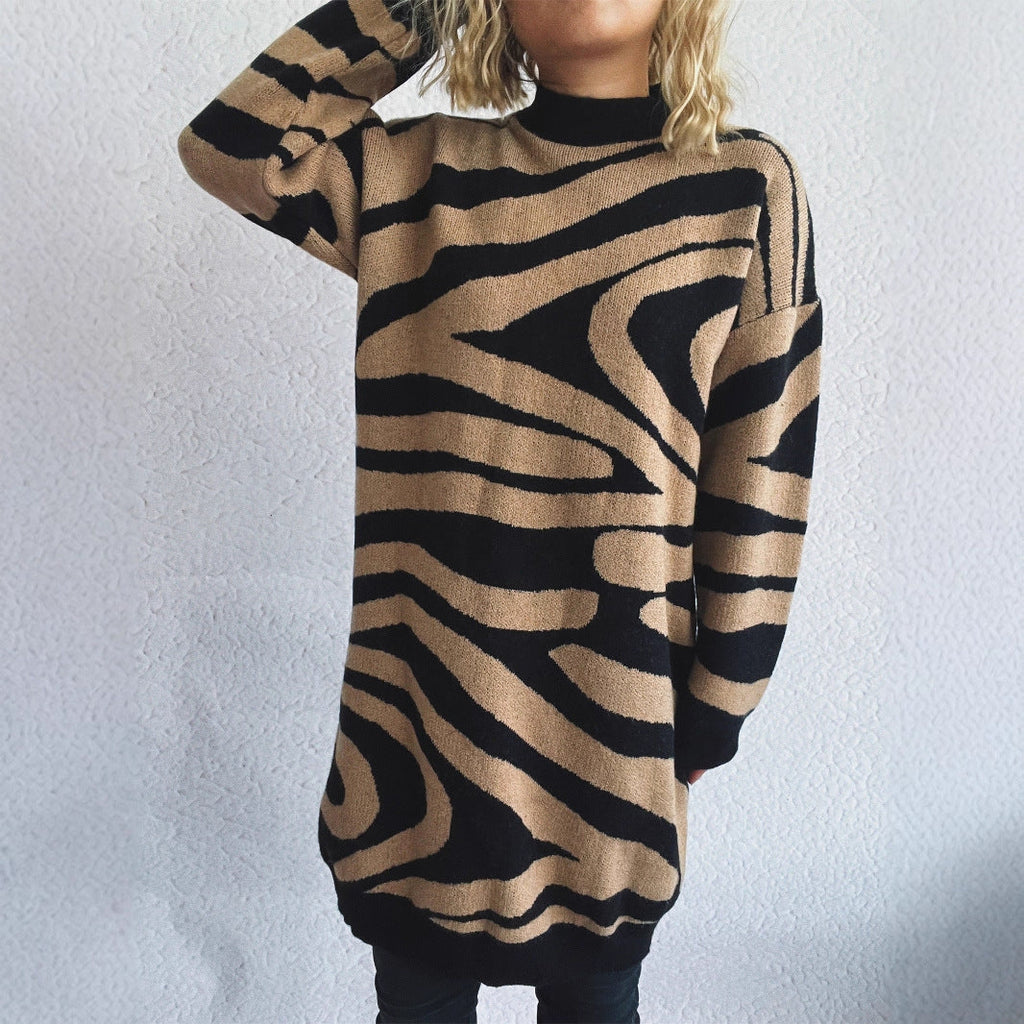 Women's Chunky Knit Sweater with Modern Zebra Design and High Collar