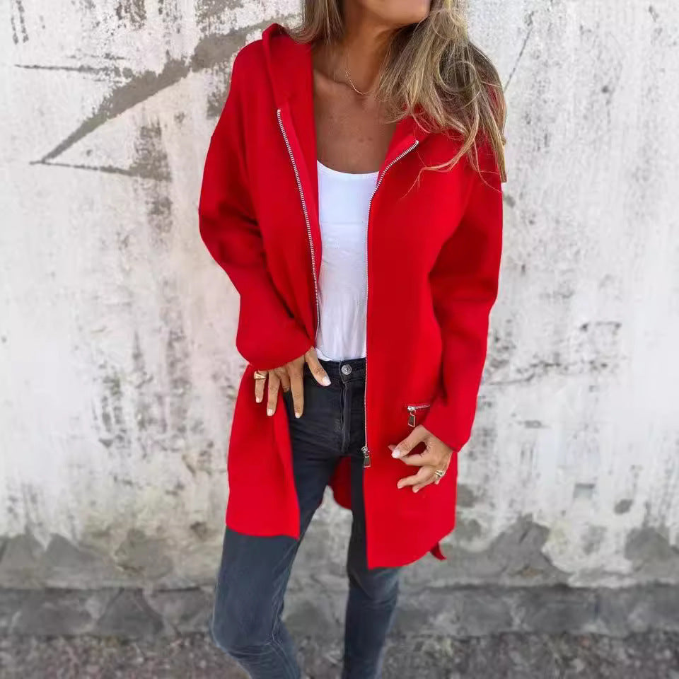 Women's Casual Coat with Hood and Asymmetrical Cut