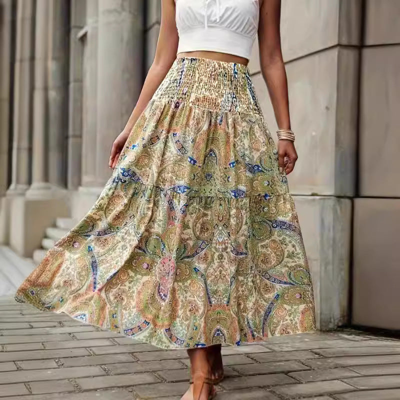 Women's Maxi Skirt with Paisley Pattern and Elastic Waist