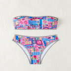 Women's Bandeau Bikini with Fruity Pattern and Decorative Contrast Stitching