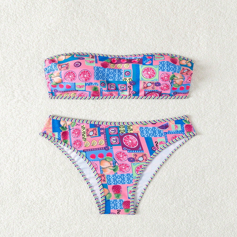 Women's Bandeau Bikini with Fruity Pattern and Decorative Contrast Stitching