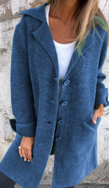 Women's Elegant Wool Jacket with Full Button Placket and Spacious Pockets