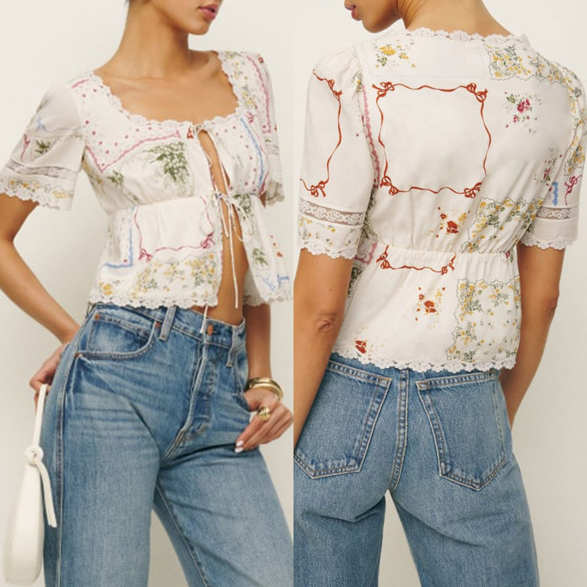 Women's Blouse with Floral Accents and Lace Trim