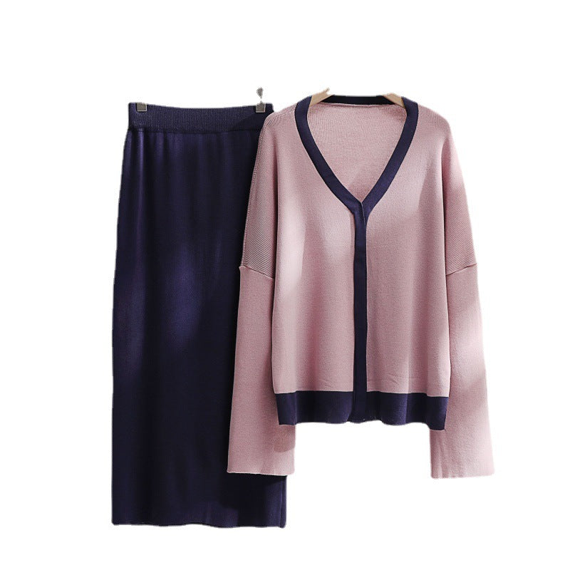 Women's Elegant Knit Set with Deep V-Neck and Contrast Details