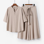 Women's Casual Linen-Viscose Lounge Set with Stand Collar Top and Wide Palazzo Pants
