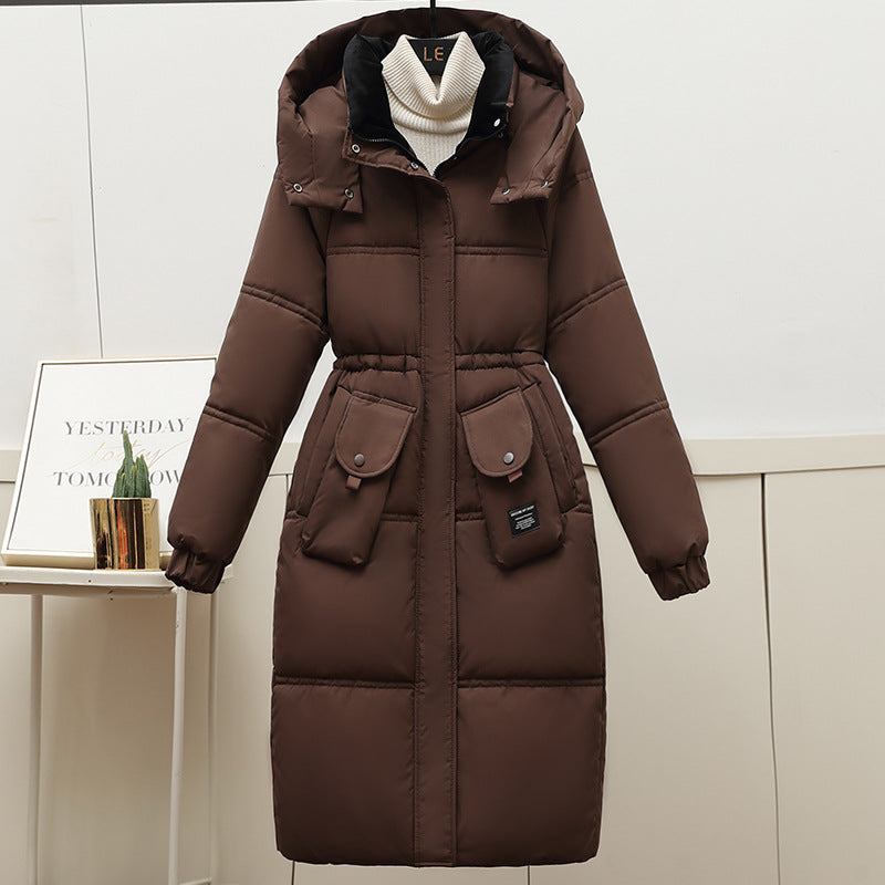 Women's Long Puffer Jacket with Detachable Hood and Large Pockets