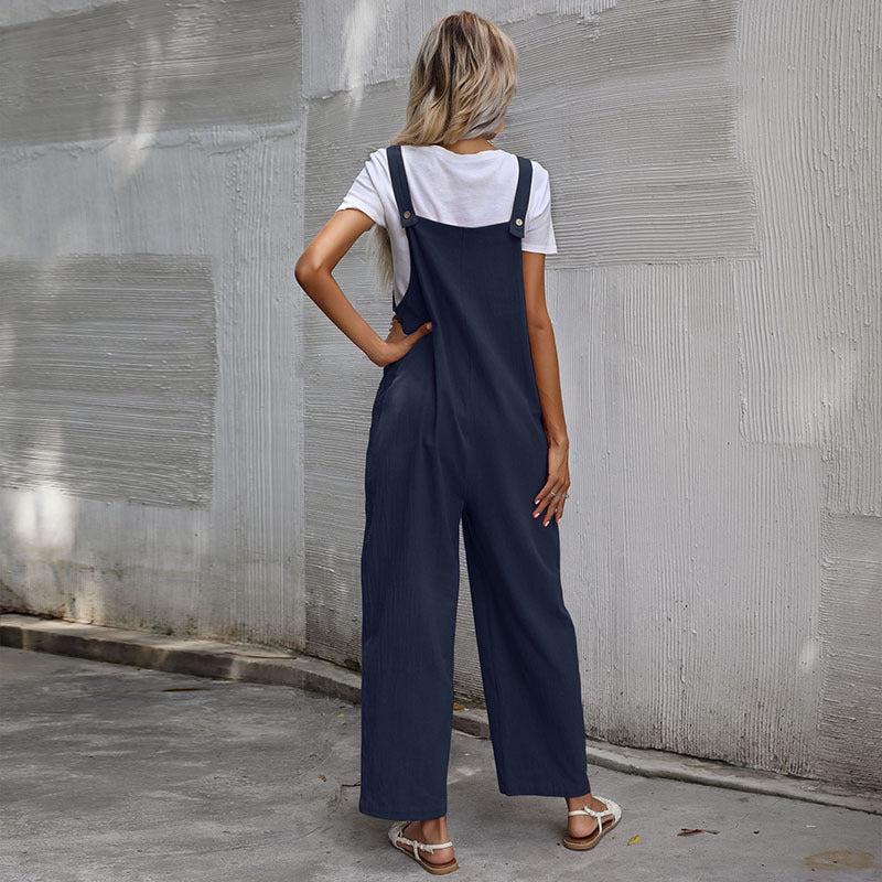 Women's Casual Jumpsuit with Pockets and Adjustable Straps