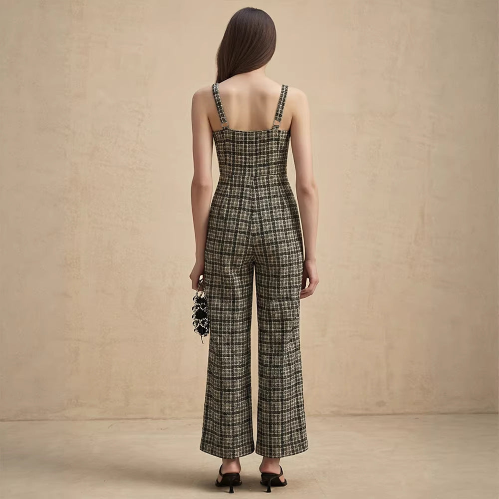 Women's Wide-Leg Jumpsuit with Fine Plaid Pattern