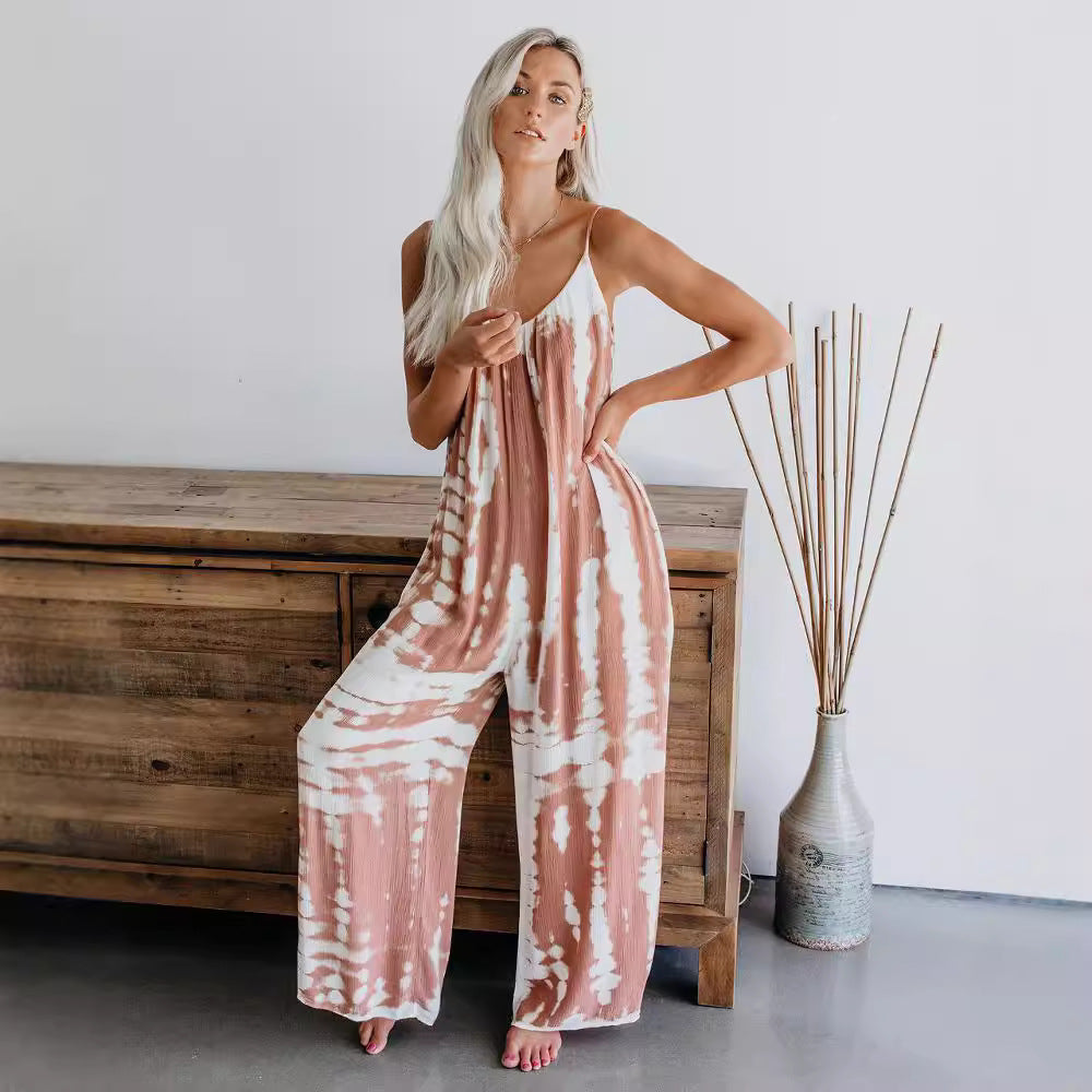 Casual Women's Maxi Jumpsuit in Lightweight Fabric with Tie-Dye Pattern