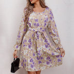 Women's Blouse Dress with Floral Ruffle Details and Waist Belt